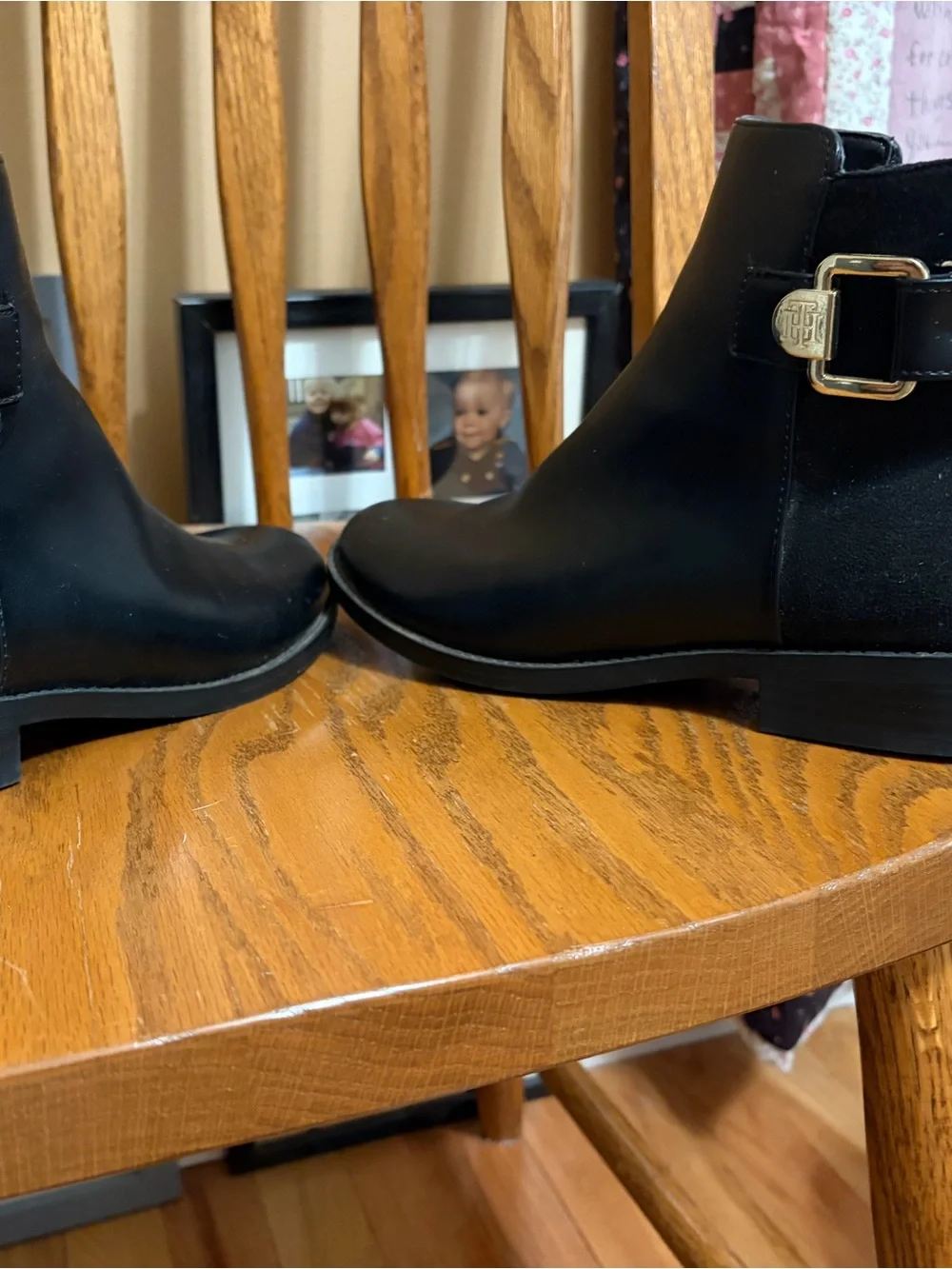 Tommy Hilfiger Black Leather Ankle Booties with Gold Accent